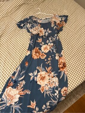 Blue Floral Off-Shoulder Maxi Dress